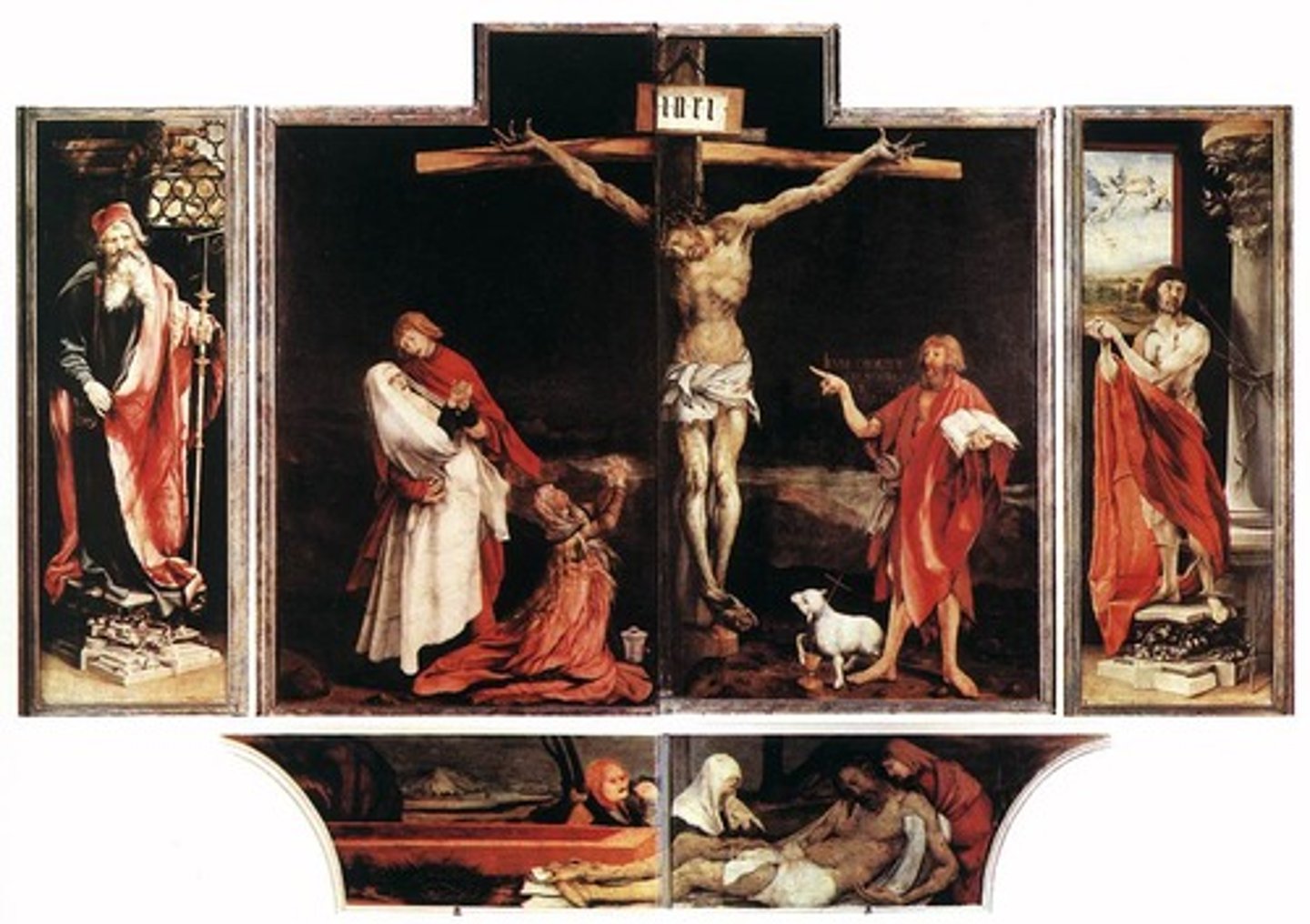 <p>Form: oil on wood, diptych (two panels/wings)</p><p>Content:</p><p>-predella: base of the altarpiece</p><p>-1st panel: shows Jesus suffering on the cross symbolizing the suffering of the patients</p><p>-2nd panel: shows Jesus resurrection</p><p>-3rd panel: statue of St. Anthony who was patron saint of the hospital</p><p>Function:</p><p>- made for a hospital to relate their suffering to Jesus' suffering in order to make them feel better</p><p>Context:</p><p>- no longer in situ</p><p>- Boarder of France and Germany</p><p>-Made by Matthias Grunewalkd in 1512-1516 CE</p>