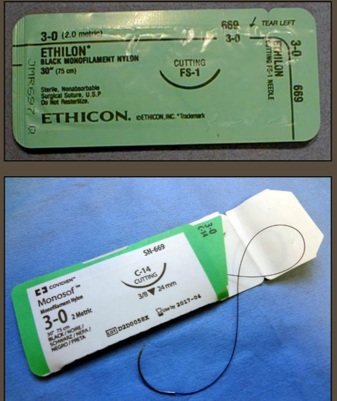 <p>nylon = ethilon, monosof, fluorescent supramid</p>