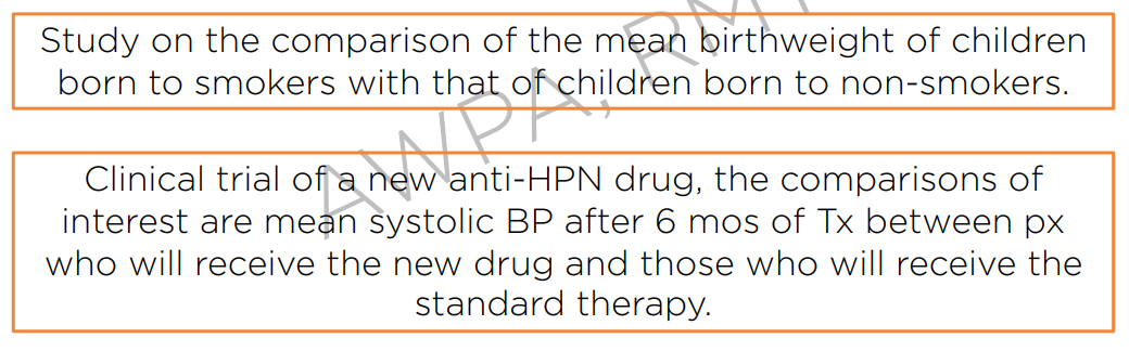 <p>Identify control group and treatment group;</p><ol><li><p>Controlled : Children born to non-smokers</p><p>Treatment : Children born to smokers.</p></li><li><p>Controlled : Patient ho will receive the standard therapy  </p><p>Treatment: Patient who will receive the new anti- HPN drug  </p></li></ol><p></p>