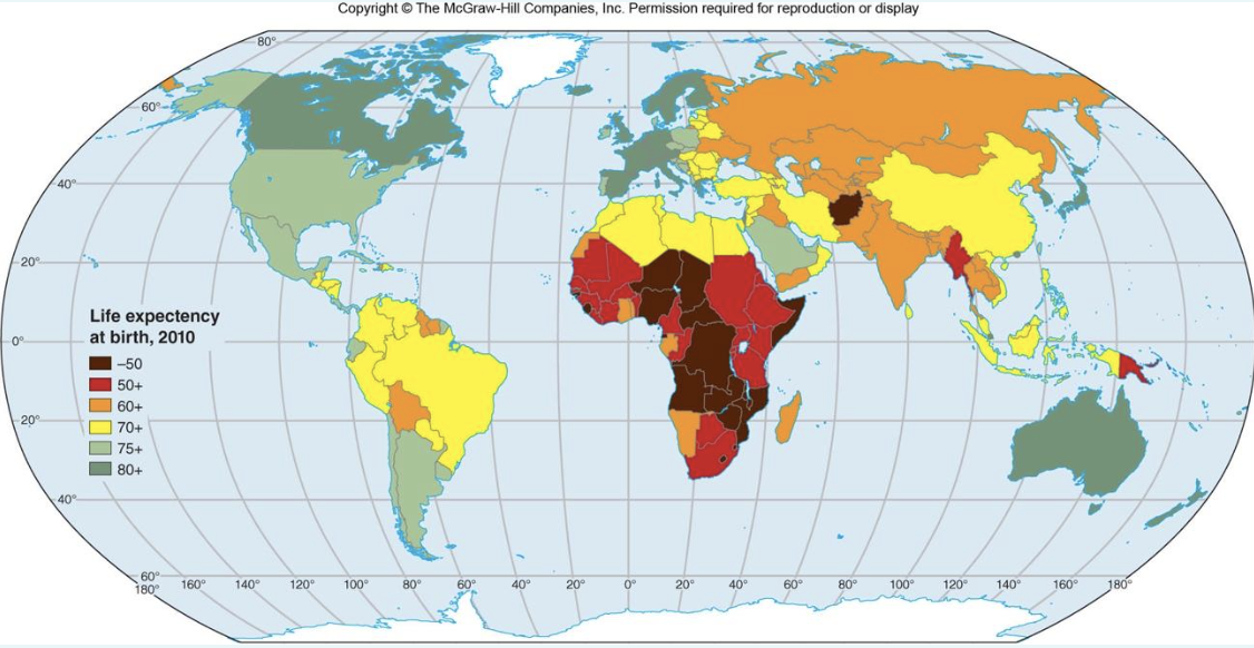 <p>In the map (above) of life expectancies, Japan exhibits</p>