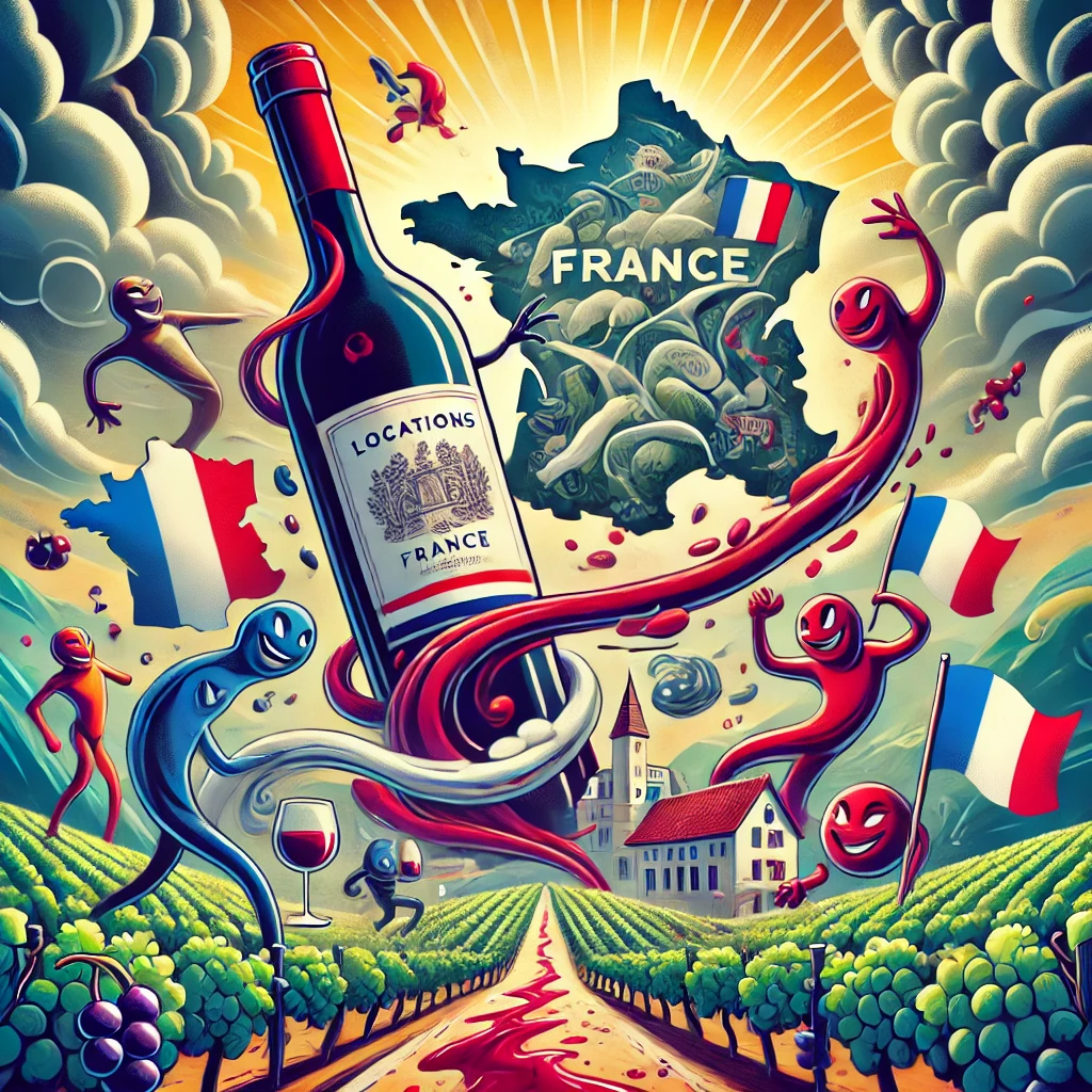 The scene features dark berry characters dancing energetically under swirling creamy vanilla clouds, with cheering spice characters adding warmth. A dynamic wine river flows robustly through a vibrant landscape adorned with French flags, while a majestic wine bottle with a map-themed label stands confidently in the center. The long and lingering finish is depicted as a winding path leading into a glowing horizon, capturing the wine's expressive and lasting impression.