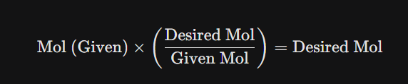 <p><span style="background-color: transparent;"><span>Given Mol x             Desired Mol (mol ratio)</span></span></p><p>                       ——————————--             = Desired Mol</p><p><span style="background-color: transparent;"><span>                                Given Mol (mol ratio)</span></span></p>