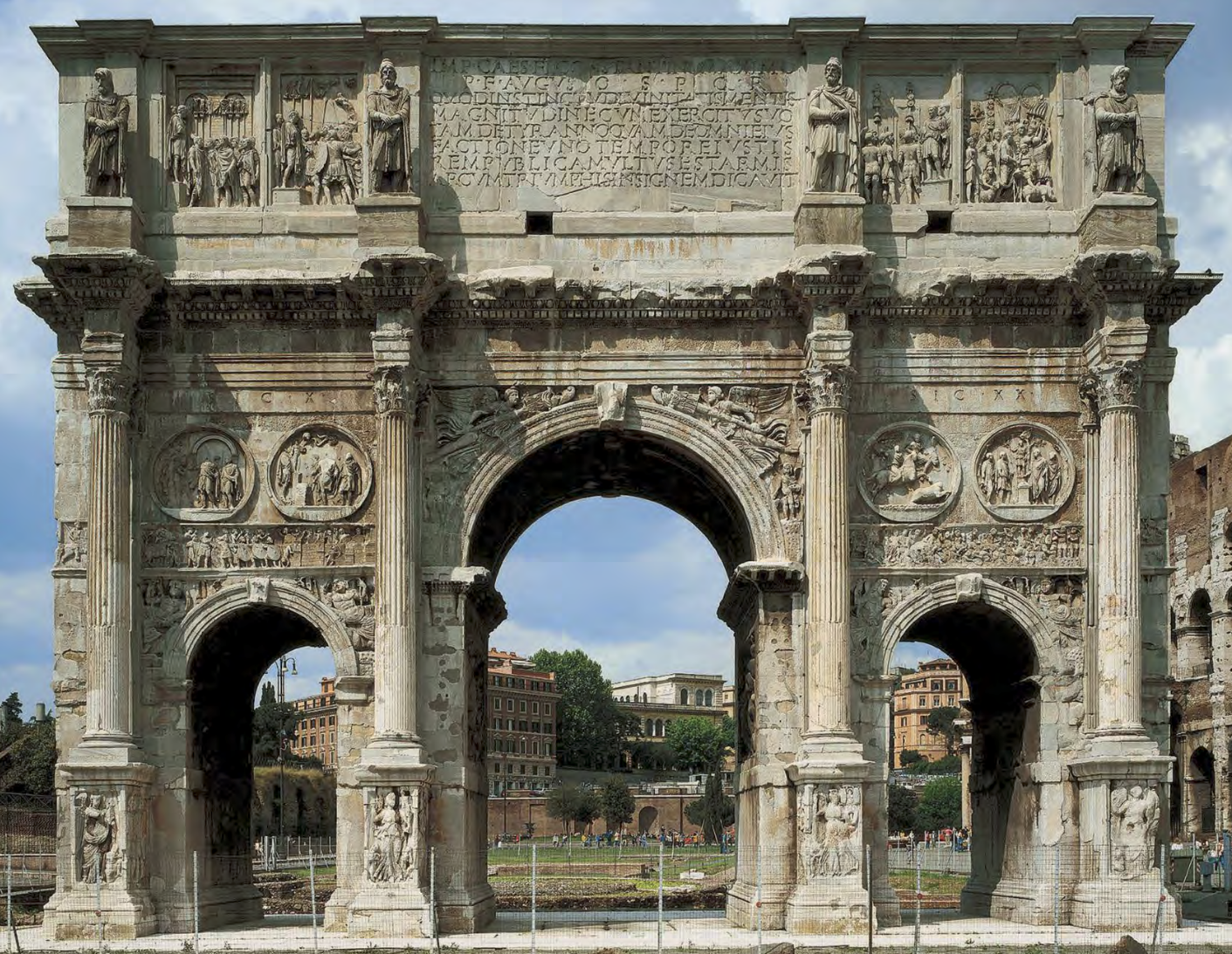 <p>Arch placed in relation to procession pathway, colossal scultpture of Sol, and Meta Sudans fountain. Uses spolia to preserve monuments and legitimize this person as emperor.</p>