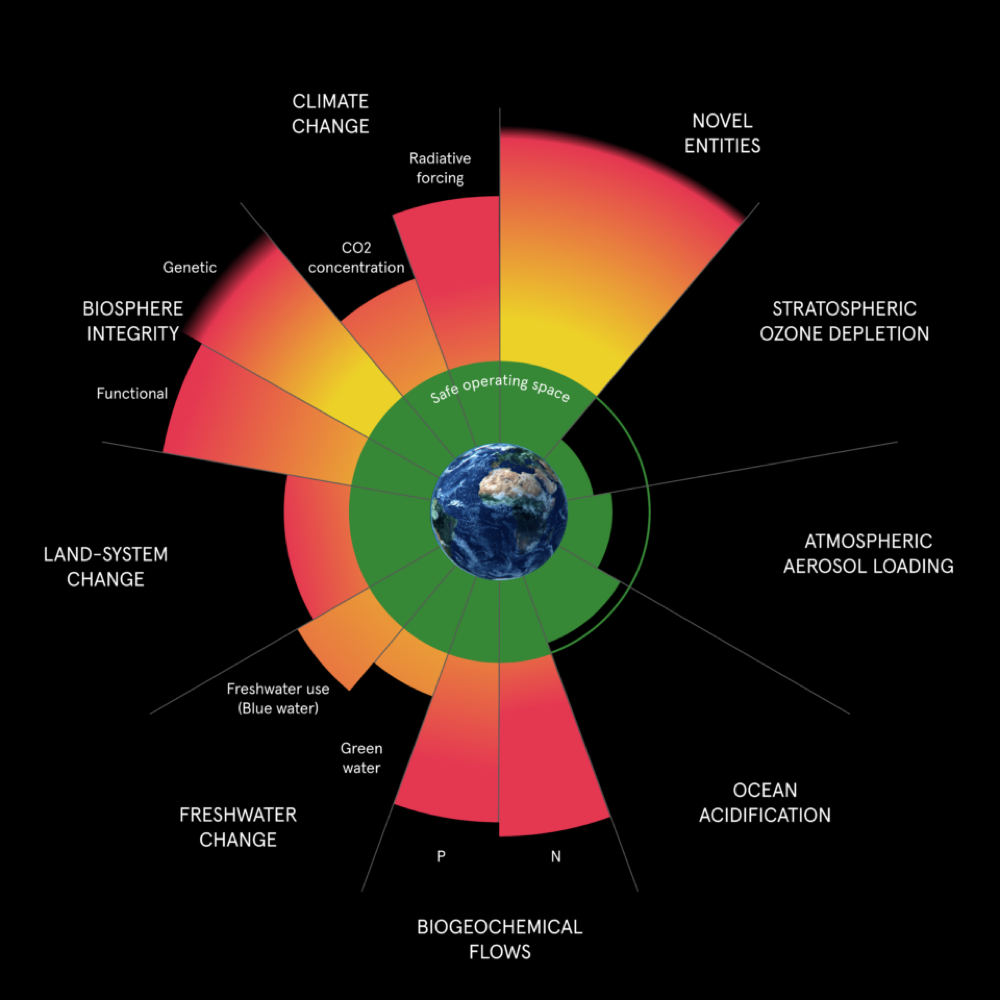 <p>climate change, biosphere integrity (functional and genetic), land-system change, freshwater use, biogeochemical flows (nitrogen and phosphorus), ocean acidification, atmospheric aerosol pollution, stratospheric ozone depletion, and release of novel chemicals</p>
