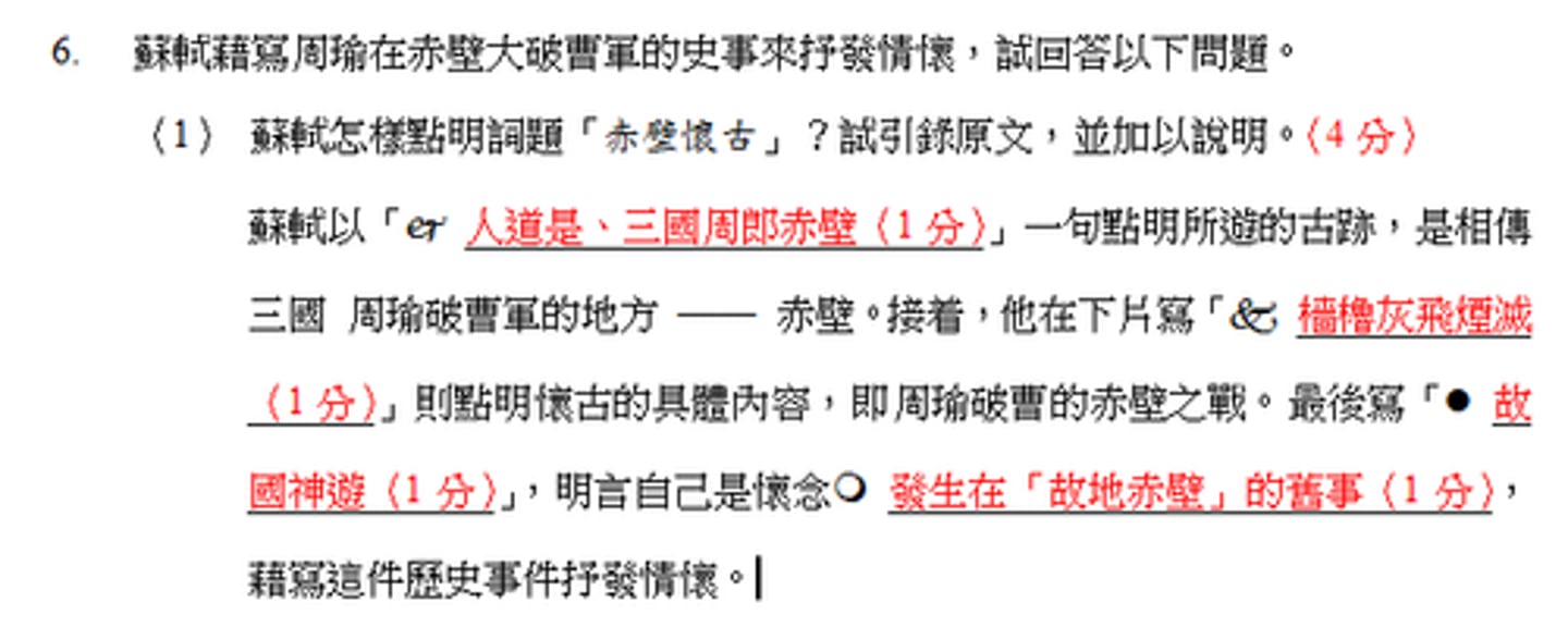 <p>本詞的上片由「大江東去」至「一時多少豪傑」全寫眼前現實的景物（1分）；</p><p>到下片開首「遙想」兩字引入懷古（1分），點明下文是蘇軾自己的懷想—寫周瑜在赤壁大破曹軍的歷史事跡（1分），</p><p>然後以「故國神遊」一句暗示自己已由懷古返回現實（1分），結束懷想，最後抒發「人間如夢」的感慨（1分）。</p>