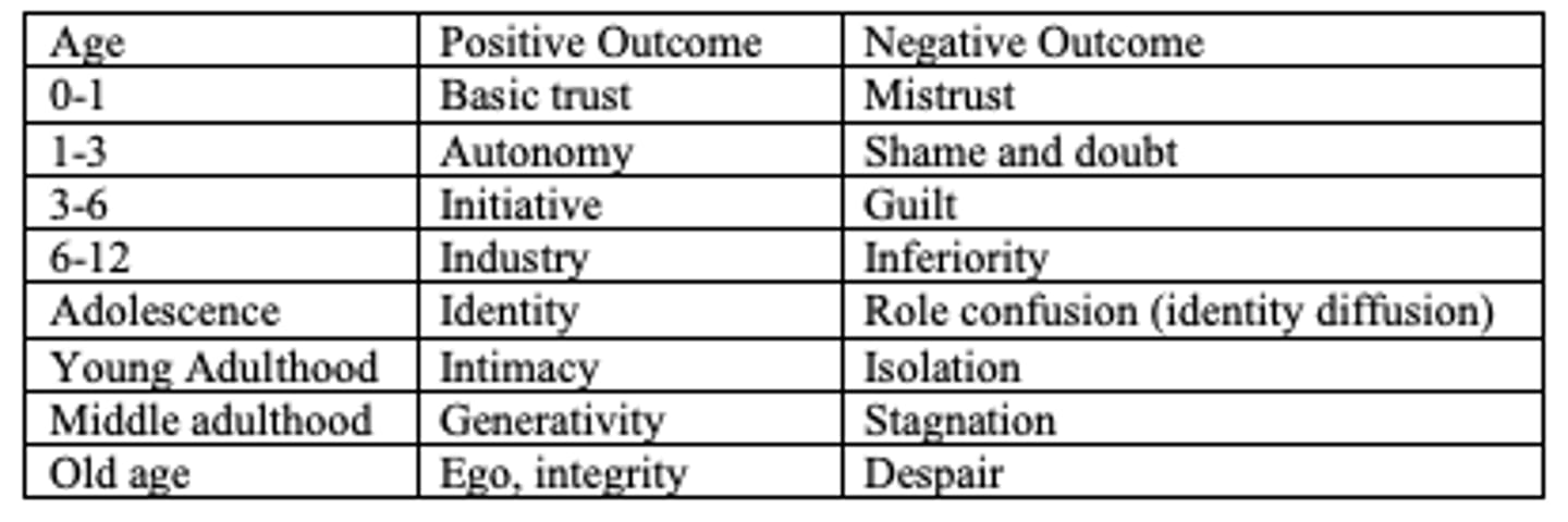 <p>basic trust vs mistrust</p><p>autonomy vs shame and doubt</p><p>initiative vs guilt</p><p>industry vs inferiority</p><p>identity vs role confusion (identity diffusion)</p><p>intimacy vs isolation</p><p>generativity vs stagnation</p><p>ego integrity vs despair</p>