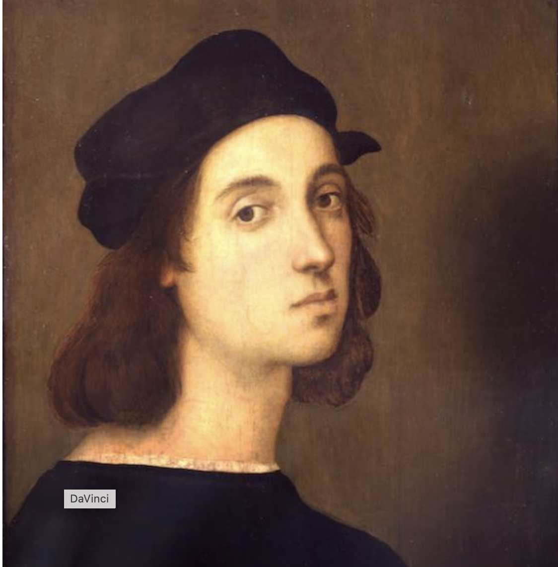 <p>Which of the following statements about this work of art is NOT TRUE?</p><ul><li><p><span>Observing that it is a portrait of Raphael is an example of contextual analysis.</span></p></li><li><p><span>It uses mostly organic shapes</span></p></li><li><p><span>Its composition is unbalanced on the vertical axis</span></p></li><li><p><span>It uses a limited earth-toned color palette</span></p></li></ul><p></p>