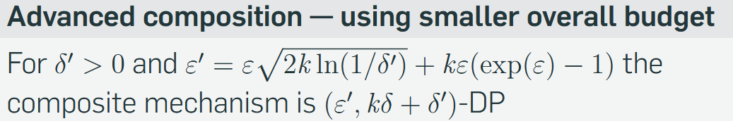 <ul><li><p>Instead of rules for basic composition (k*ε), we use rules of advanced composition (≈ √k · ε).</p></li><li><p>Advanced composition is closer to the actual worst-case.</p></li></ul><p></p>
