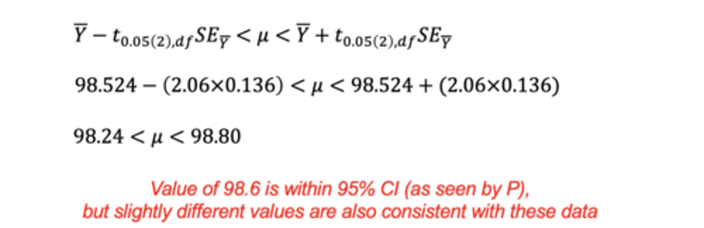 <p>• the 95% confidence interval tells us how much uncertainty is in our estimate of µ</p><p>• in the pic 2.06 is the critical value</p>