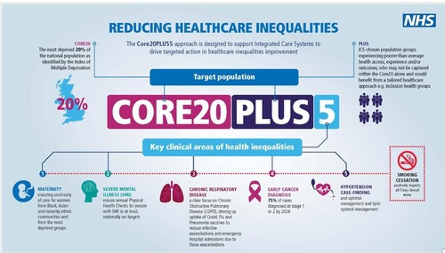 <p>1. A new NHS plan to tackle inequalities. Data used from local areas will identify the most deprived 20% households who will be targeted to improve their health.</p><p>2. 5 key areas of focus: pregnancy, mental health, cancer diagnosis rate, hypertension and chronic respiratory disease.</p>