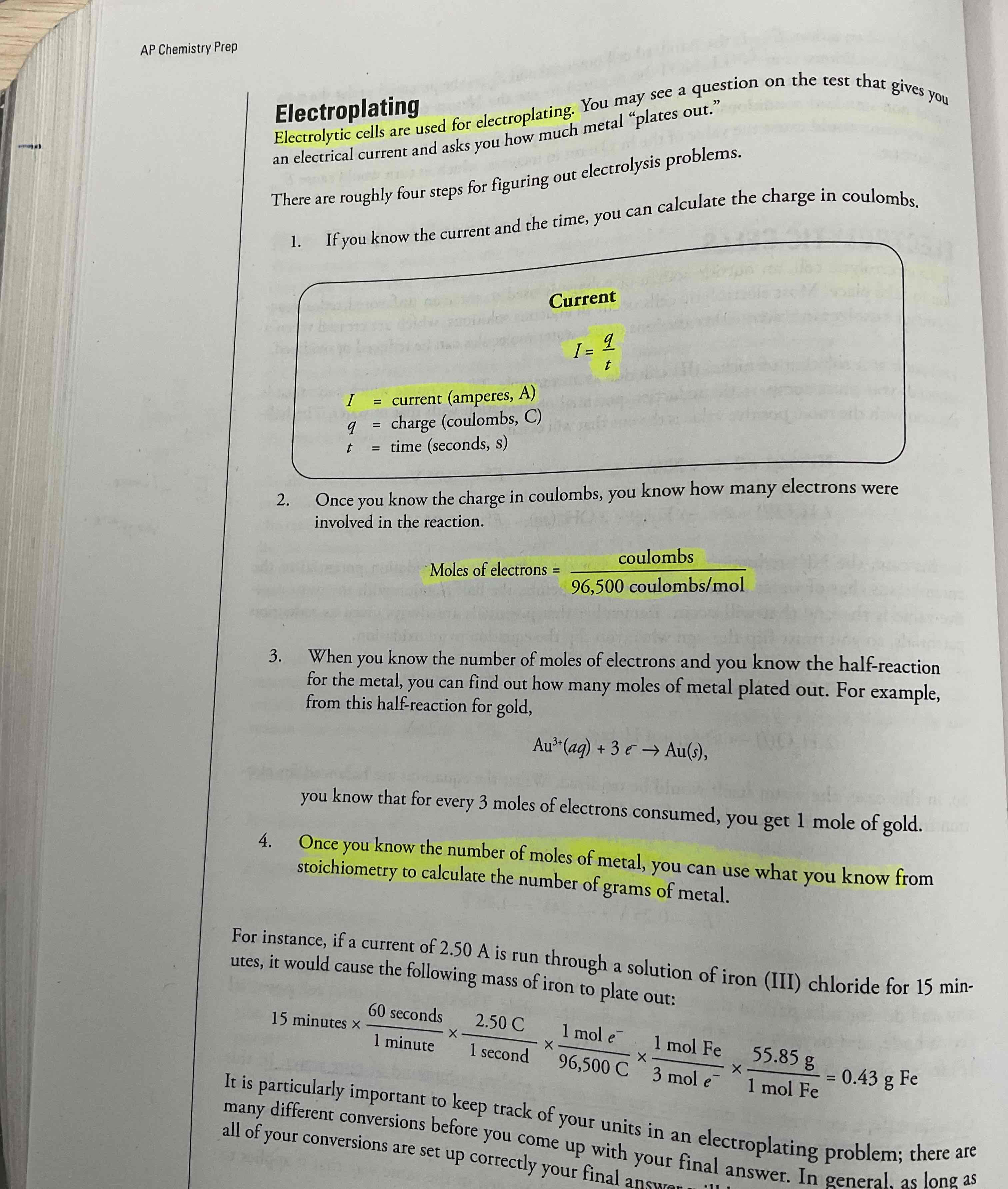 <p>Use stoichiometry to calculate electroplating problems,</p><p>Electroplating is a process where well use electrical current and see how much metal “plates out”</p>