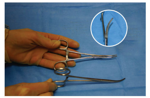 <p>Nickname: Crile, snap, hemostat</p><p>Use: Grasps light to medium tissue, vessels, and suture and found in most instruments sets</p><p>Features: Curved tip with serrations. Use with the surgical pattern- clamp-clamp-cut-tie.</p>