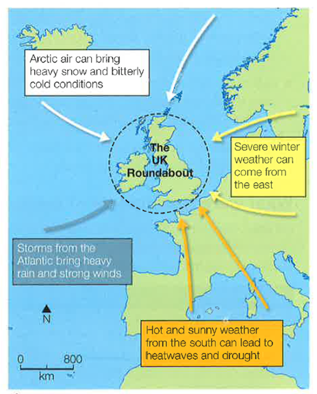 <p>Despite its moderate climate, the UK does experience weather hazards - occasionally extreme weather events linked to its location at the meeting point of different points of weather from different directions.</p>