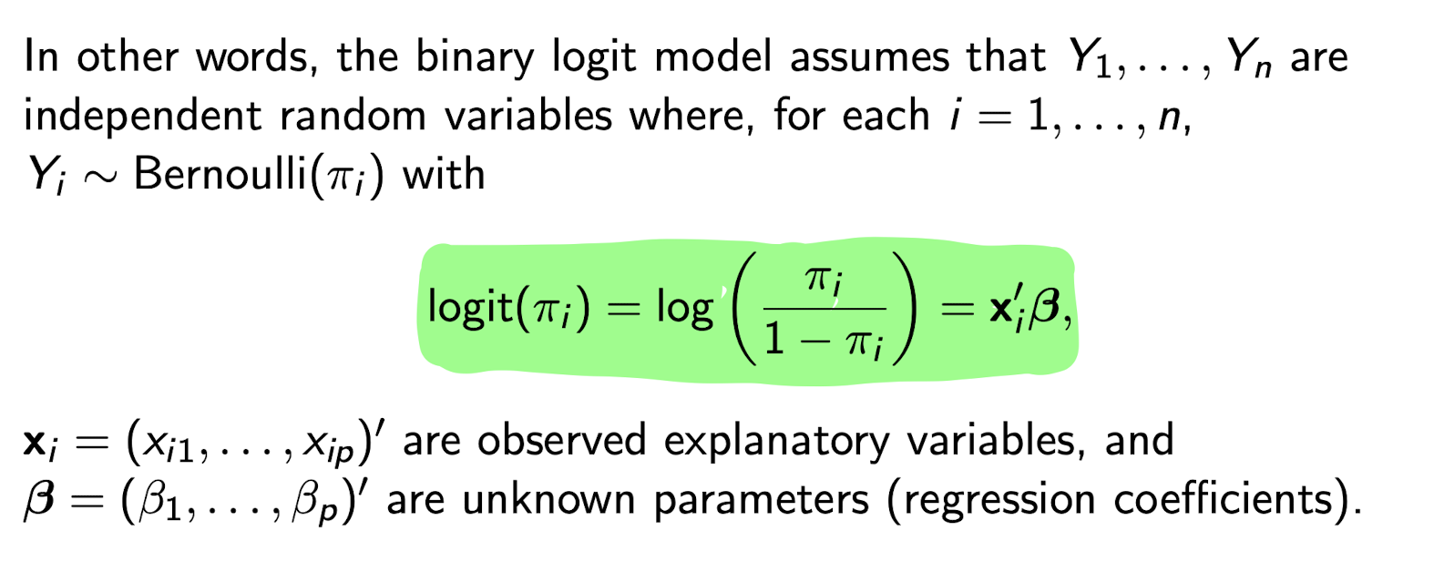 <ul><li><p>NOT written in mean+residual form </p></li><li><p>No separate conditional variance parameter $$\sigma²$$ , and no assumptions about it are needed</p></li></ul><p></p>