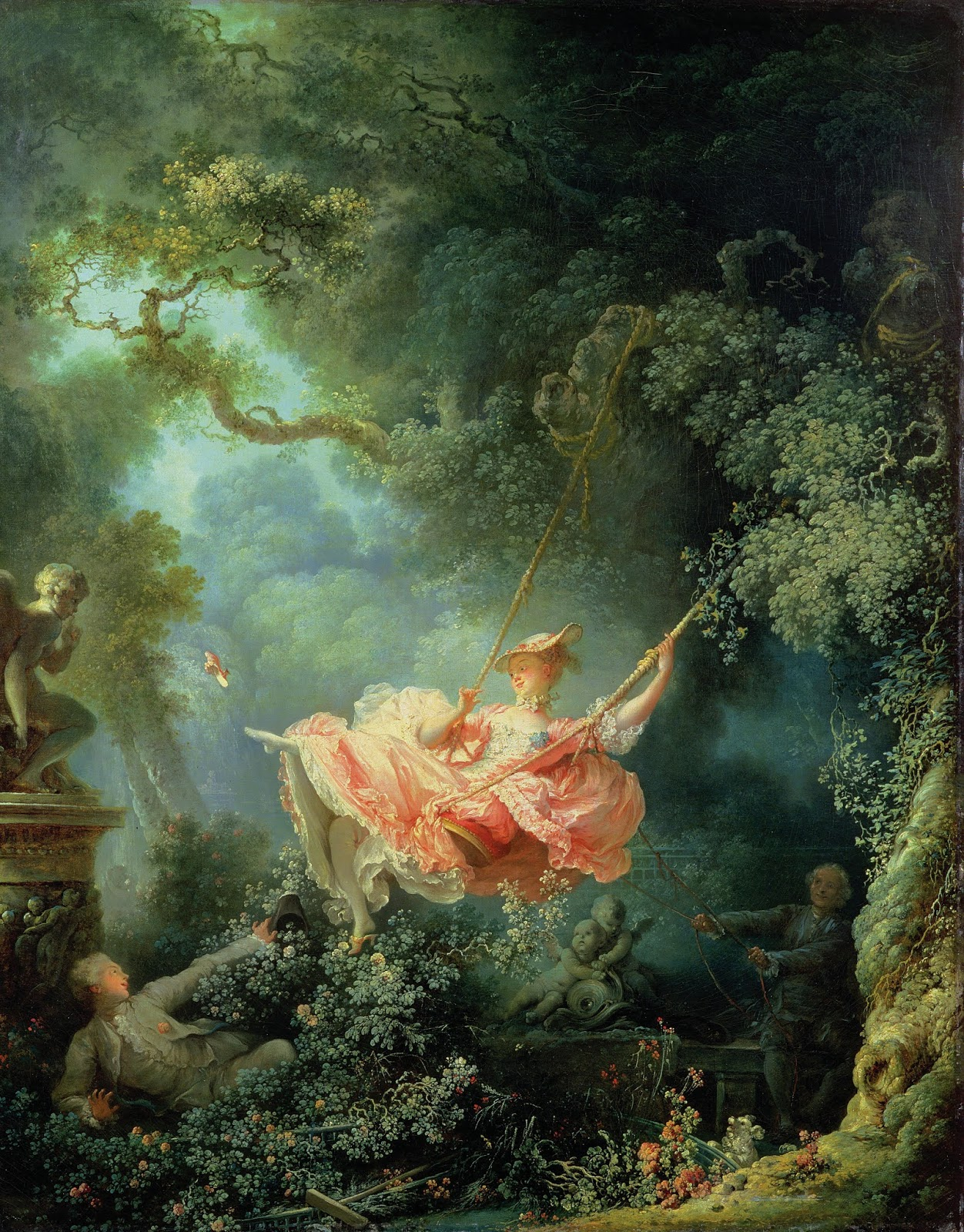 <p>Rococo’s dainty figures and lightheartedness. Rope held by an elder guardian obscured in shadow. Girl’s blushing lover hides in the bushes and is swooning with anticipation. Sculpture of Cupid. Image of anticipation and desire while having a sense of humor.</p>
