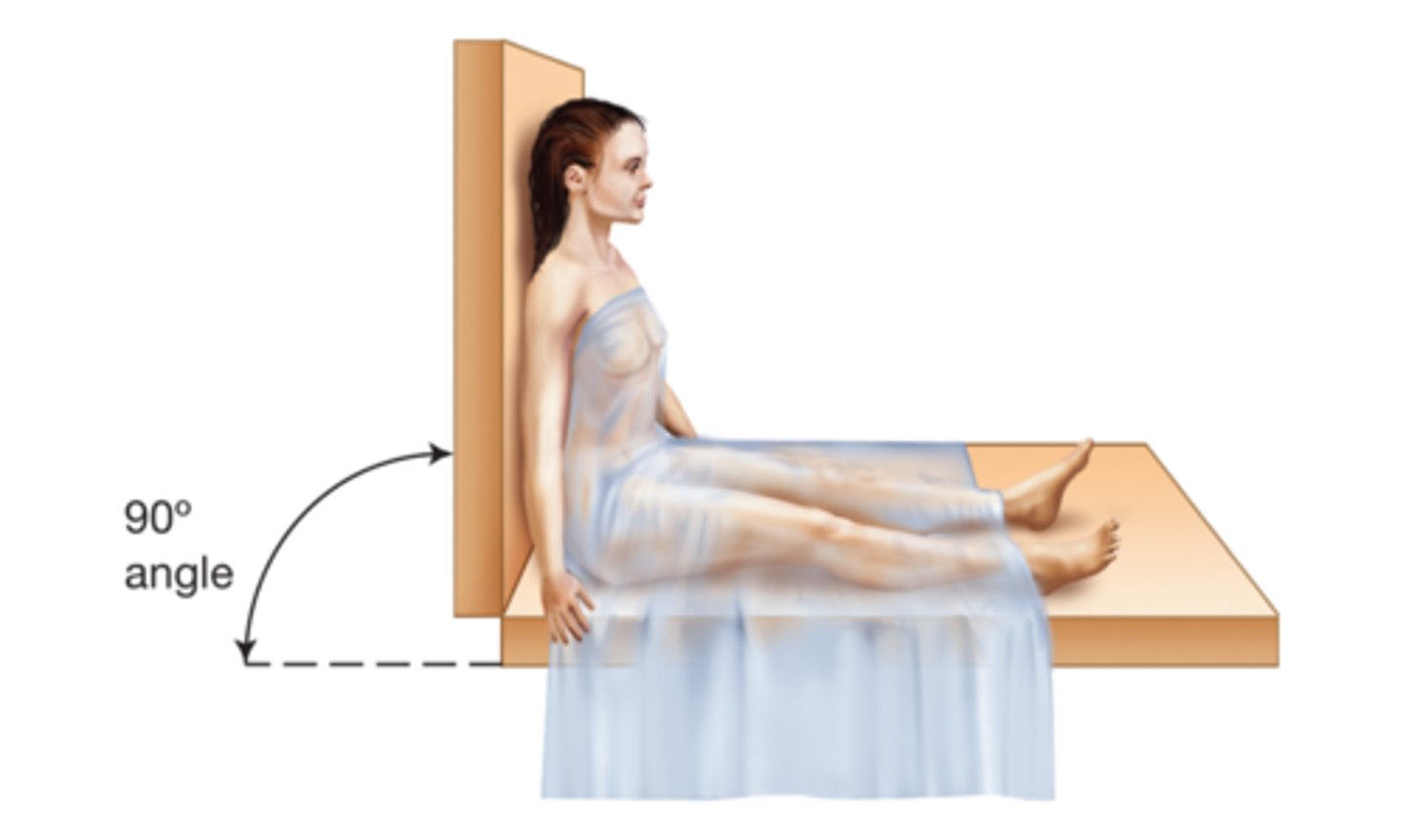 <p>Raise the head of the bed to a 90-degree angle, the patient sitting up.</p>