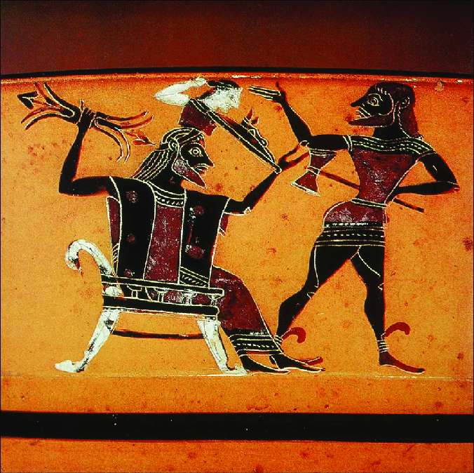 <p>Vase rendered in “black figure” style (The painted figures are in black). Zeus with his beard sits on a throne inside a palace represented by a single column. In his left he holds thunderbolts, in his right his scepter.</p>