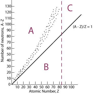 <p>type of decay most likely to happen if an isotope falls in section A of the graph</p>