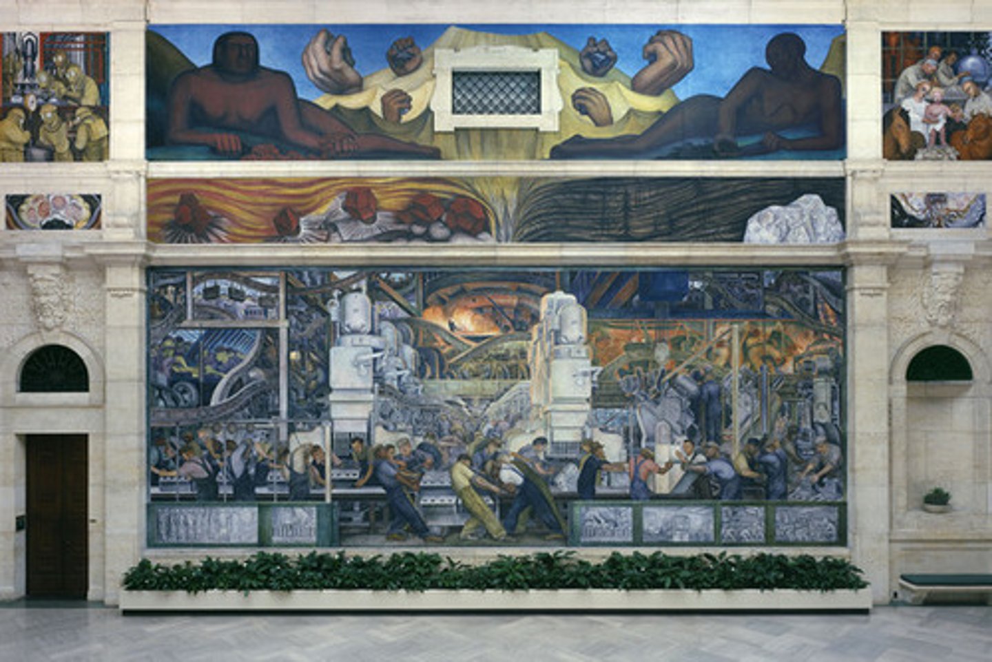 <p><span>Mexican Modernism</span></p><p>Politically rational</p><p>Comuniest</p><p>Wants are to be accessible to the people</p><p>Paid by the Ford family</p><p>They disagree in politics but like the assembly line</p><p>The people in the mural are real people and are portraits of them</p><p>The forms are abstract</p><p>Supposed to look like old Aztec gods</p><p>Showing people working</p><p>Showing how new tech can be good and bad</p><p>Showing the natural materials of the earth in the production of the car</p><p>Shows all the races</p><p>Fresco painting</p>