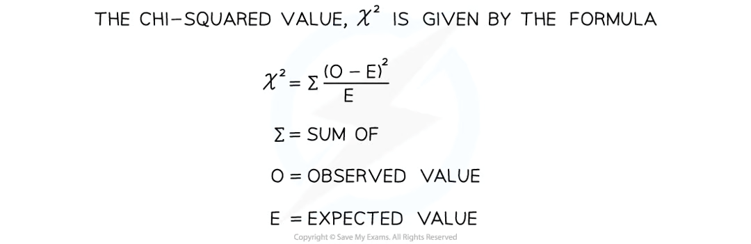 <ul><li><p>obtain the expected (E) and observed (O) results for the experiment</p></li><li><p>calculate the difference between each set of results </p></li><li><p>square each difference (+ or - irrelevant)</p></li><li><p>divide each squared diff by the expected value</p></li><li><p>add the resulting values together to get a sum of these answers to obtain the chi-squared value</p></li></ul><p></p>