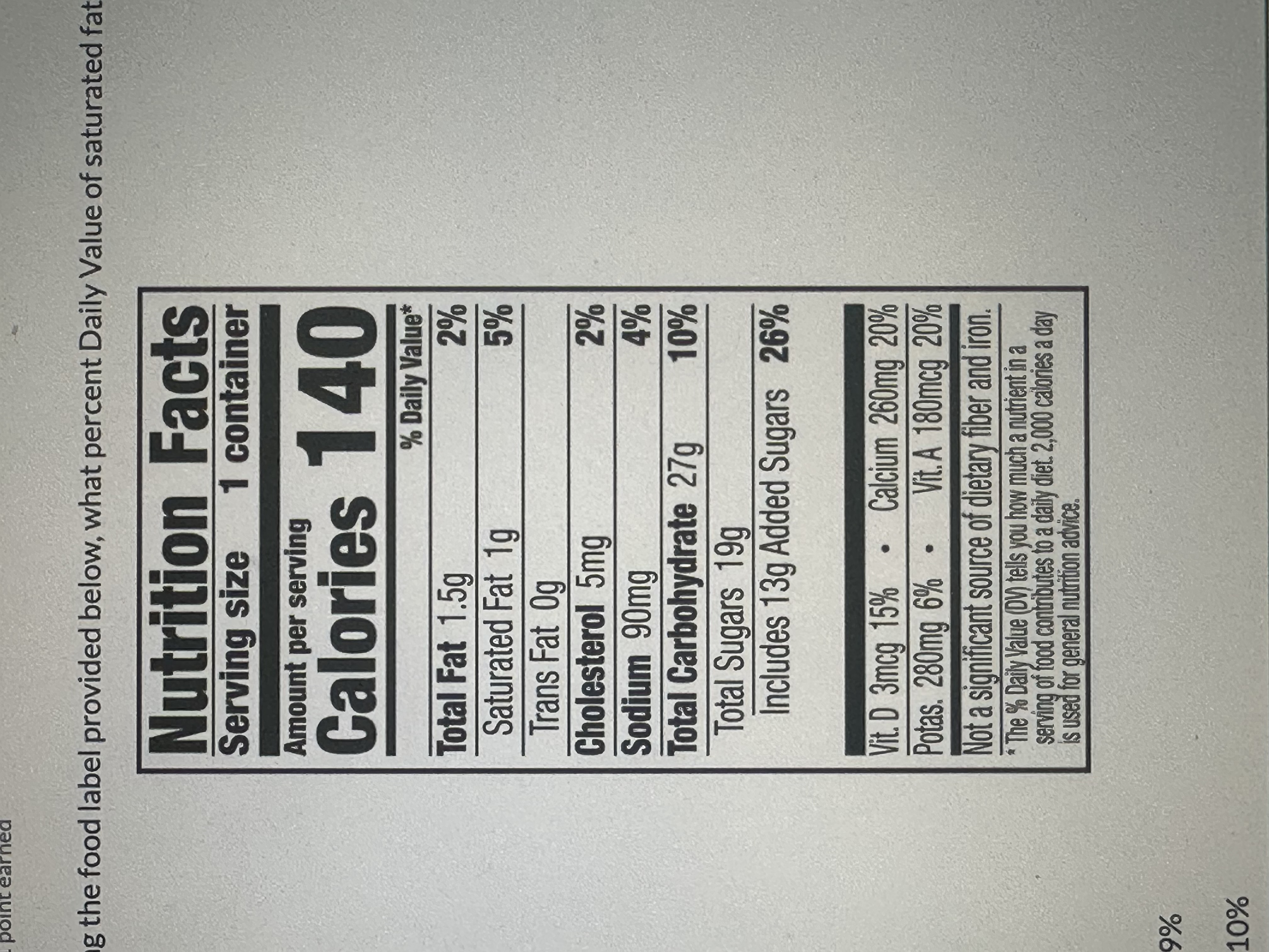 <p>Using the food label provided, what percent daily value of saturated fats is provided? </p><p>A. 9%</p><p>B. 10% </p><p>C. 5%</p><p>D.2%</p>