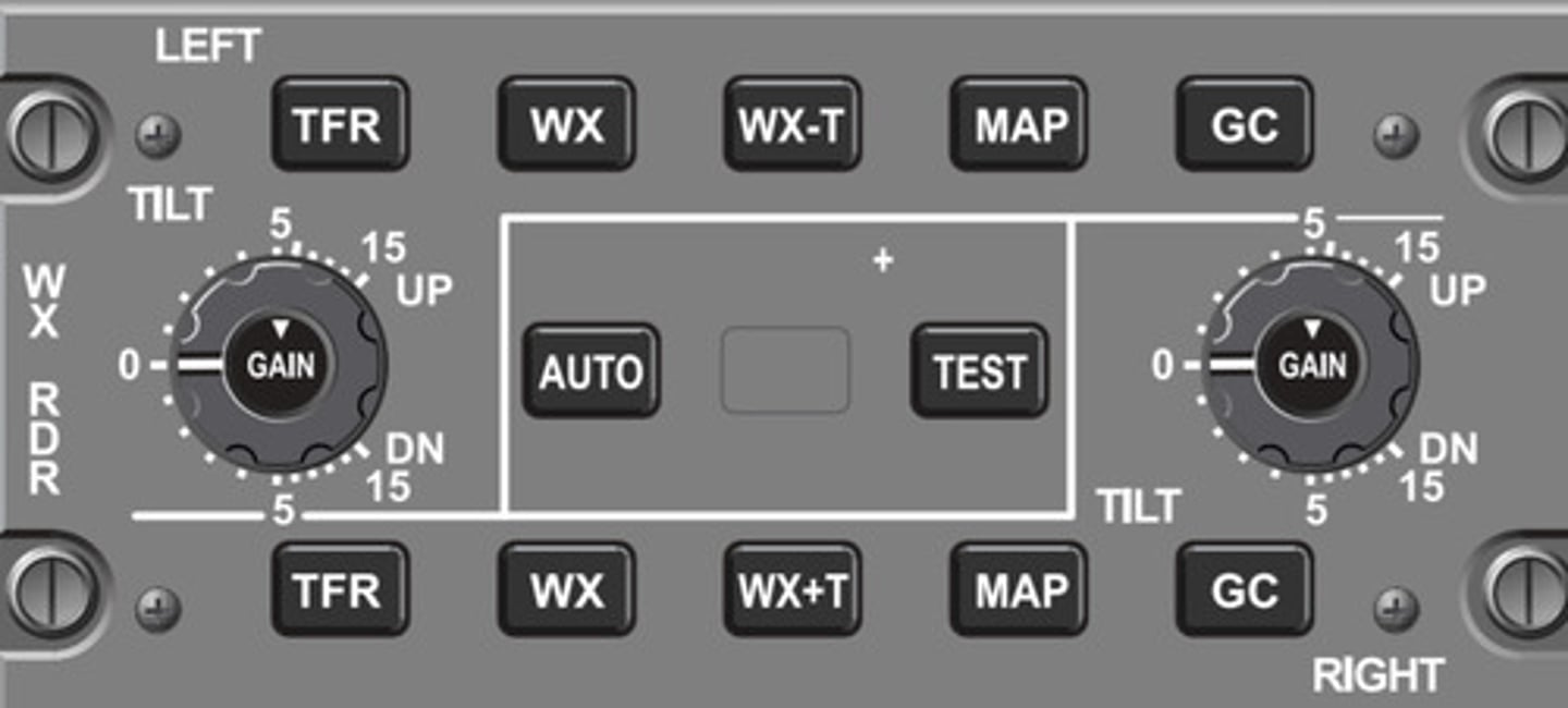 <p>WX+T: displays weather radar returns and turbulence (manual mode) or weather radar returns and threats (auto mode); turbulence is displayed out to 40 nm for all selected ranges</p><p>NOTE: The WX+T switch must be selected and the WXR set to AUTO mode to show core, associated, and path threat assessment, as well as level 2 turbulence and predictive overflight protection.</p>