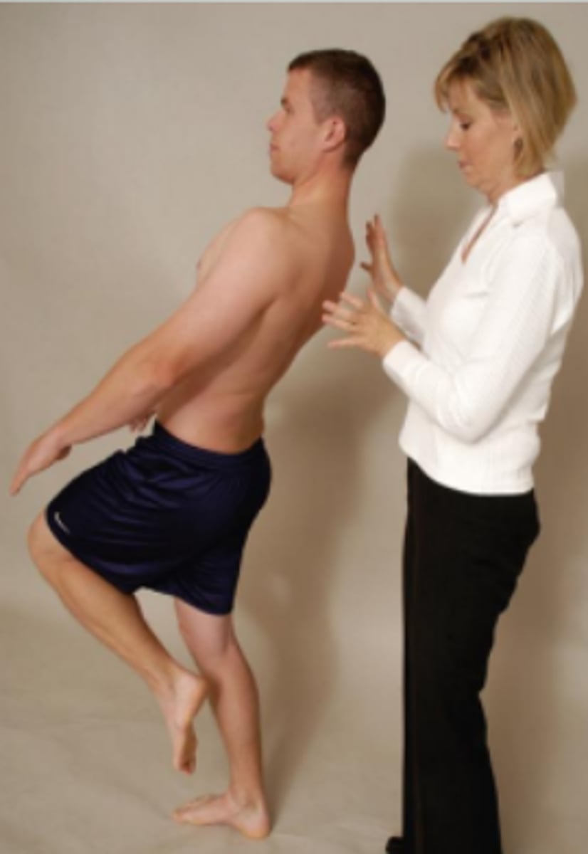 <p>- spondylolisthesis</p><p>procedure:</p><p>- The patient stands on one leg and extends the spine while balancing on the leg. The test is repeated with the patient standing on the opposite leg.</p><p>(+): A positive test is indicated by pain in the back and is associated with a pars interarticularis stress fracture (spondylolisthesis). If the stress fracture is unilateral, standing on the ipsilateral leg causes more pain.</p>