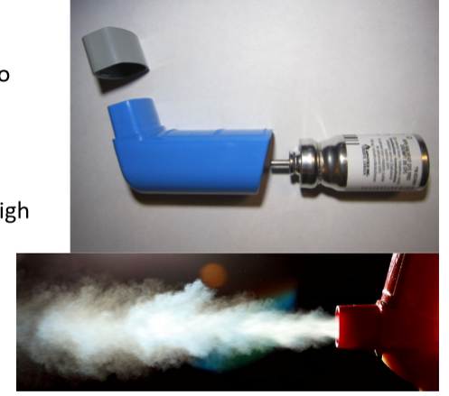<p>provides dosed medication to lung, contains liquified gas propellant and drug, propellant in droplets which evaporates to provide aerosol of micrometer drug particles. particle size determines site of absorption. inhaler is angled so that mouth deposition is reduced</p>