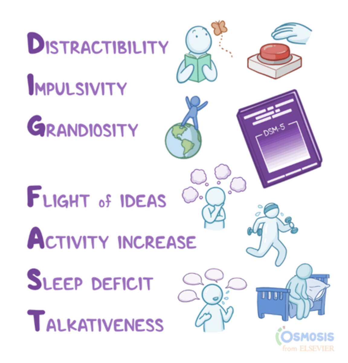 <p>grandiosity, decreased need for sleep more talkative than usual, flight of ideas, distractibility, increased goal-directed activity, excessive risk taking behavior</p>