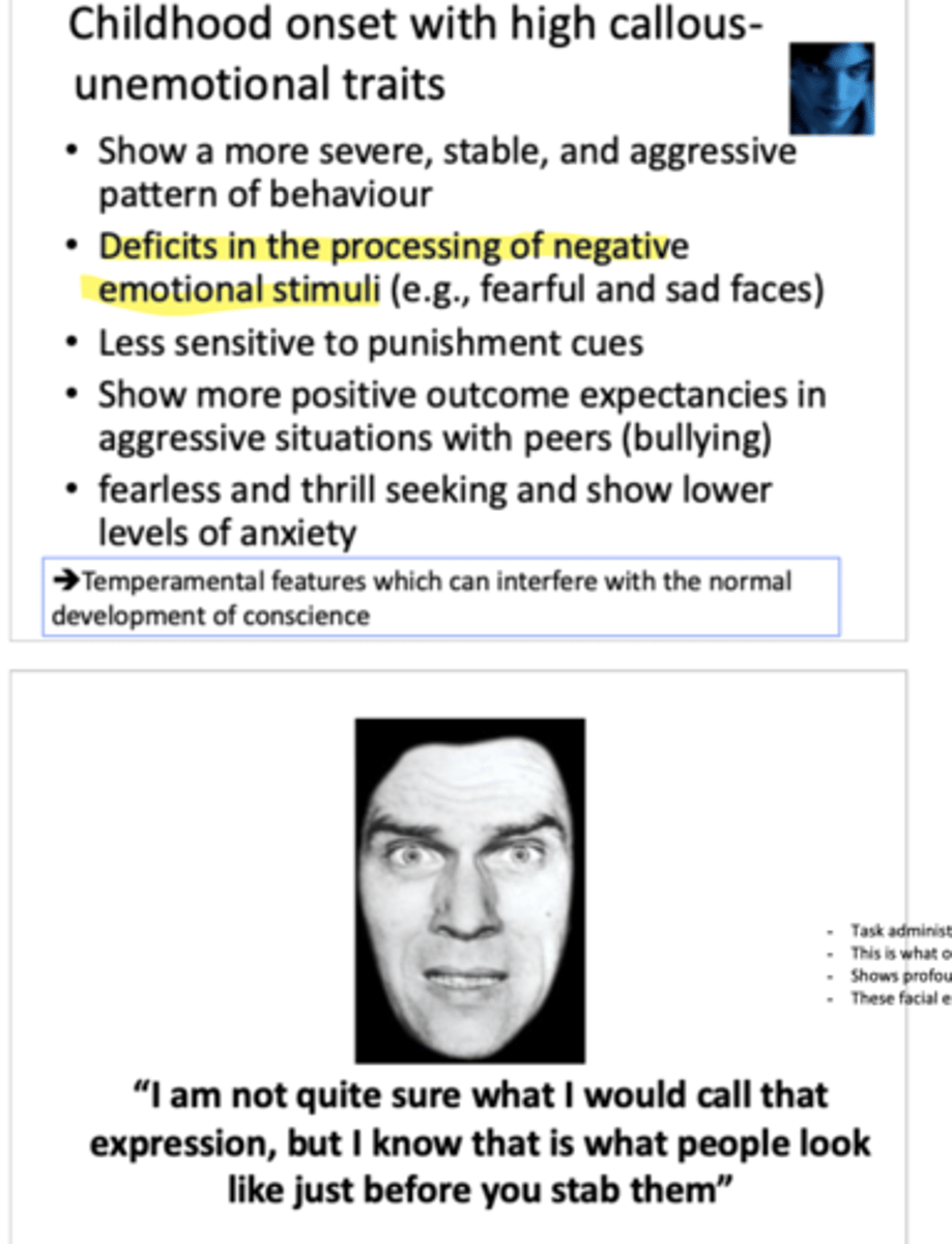 <p>CU+</p><p>- deficits in processing negative emotional stimuli</p><p>- may process faces differently, might not know what to call expressions</p>