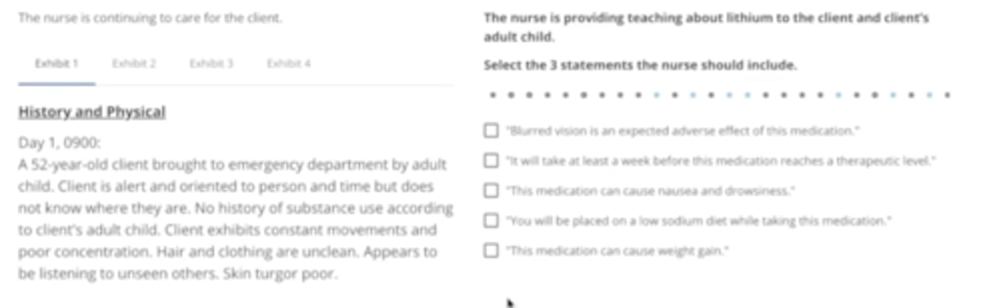 <p>Blurred vision is an expected adverse effect of this medication</p><p>it will take at least a week before this medication reaches a therapeutic level</p><p>this medication can cause nausea and drowsiness</p>