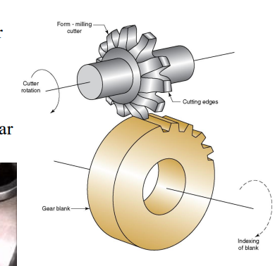 <p>Cutter has teeth with the shape of the spaces between teeth on the gear. Gear blank is indexed between each pass to establish correct size of the gear tooth</p>