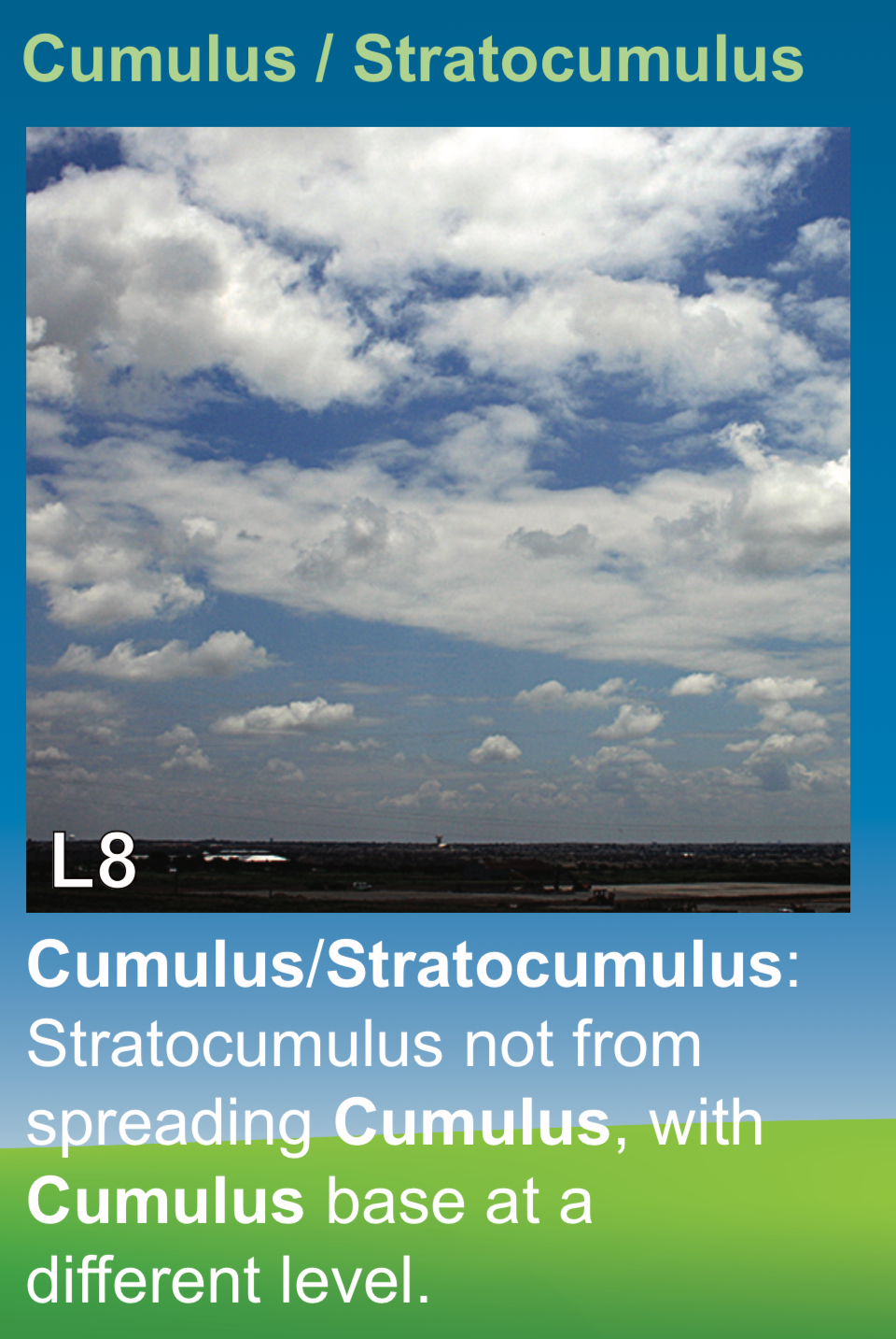 <p>CUMULUS/STRATOCUMULUS stratucumulus not from spreading cumulus , with cumulus base at a different level /// <span>donde los estratocúmulos no se formaron a partir de cúmulos que se extendieron, y además, la base de las nubes cúmulo está a una altura distinta.</span></p>