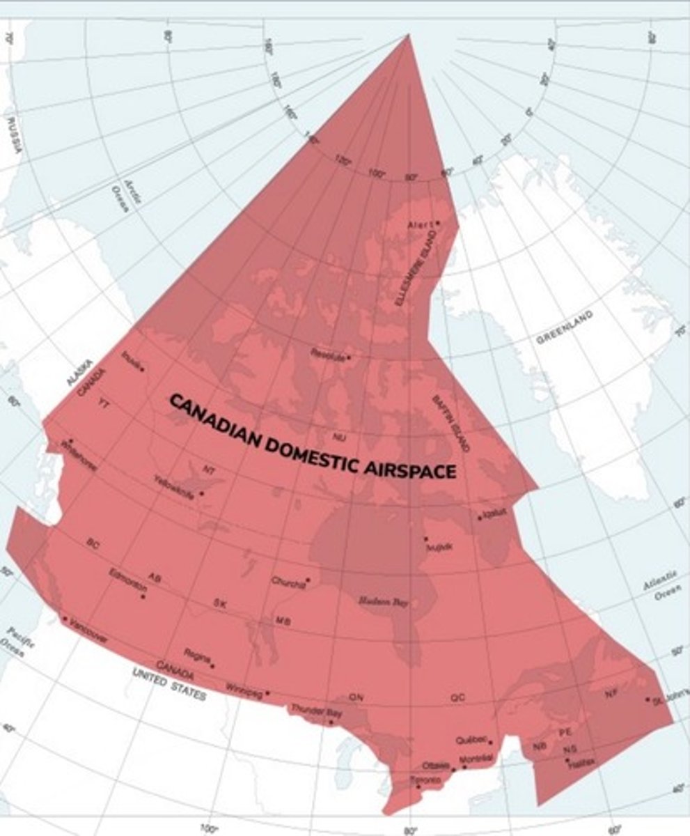 <p>Includes all airspace over the Canadian land mass, the Canadian Arctic and Canadian archipelago, and over areas of the high seas within the airspace boundaries.</p>