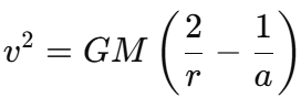 <p><span>v</span> velocity of orbiting object<br><span>r</span> distance between orbiting bodies<br><span>a</span> semi major axis of the orbit</p>