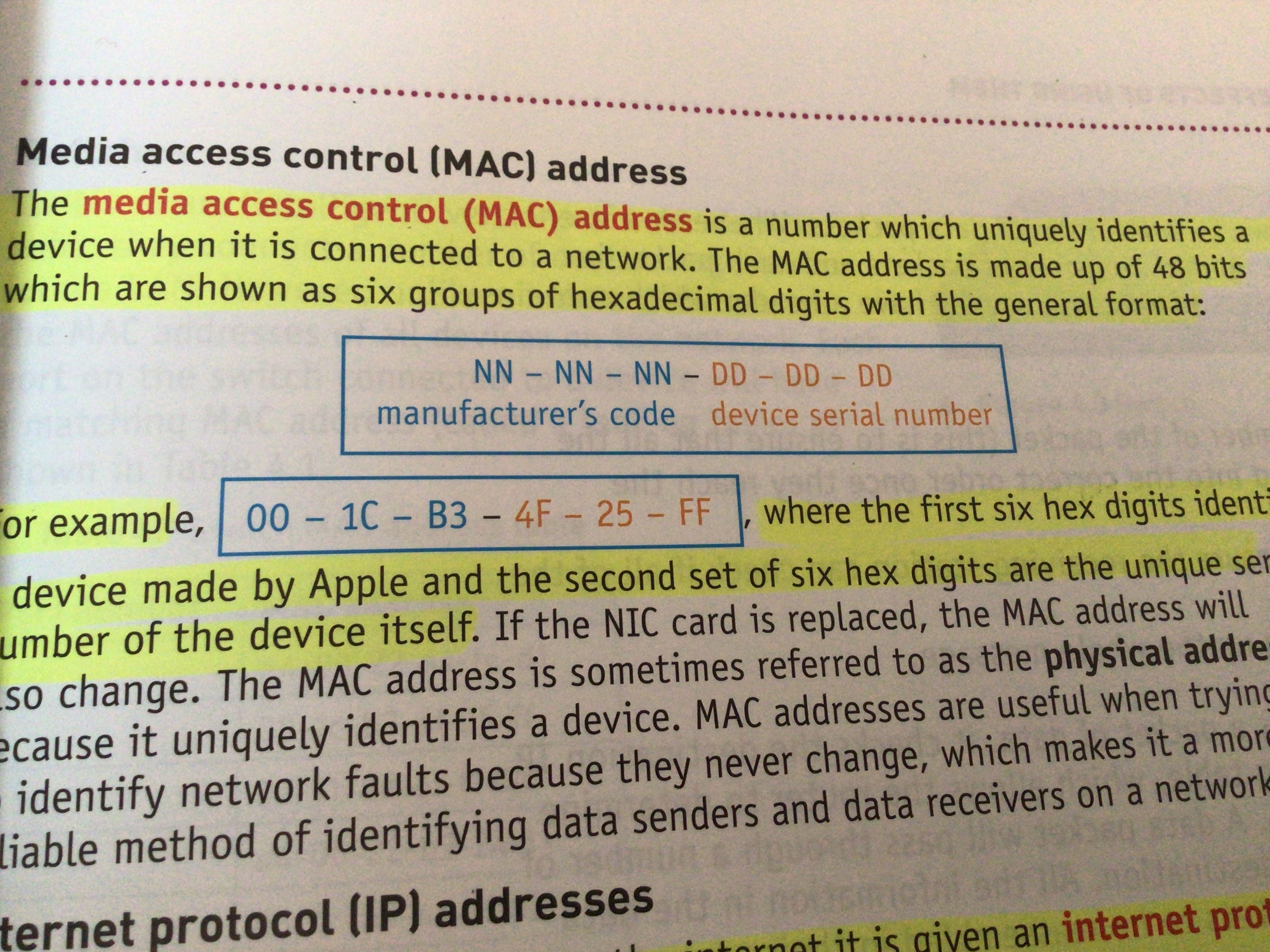 The media access control address is a number which uniquely identifies a device when it is connected to a network.The MAC address is made up of 48 bits which are shown as six groups of hexadecimal digits with the general format.

The first six hex digits identify a device made by Apple and the second hex digits are the unique number of device itself