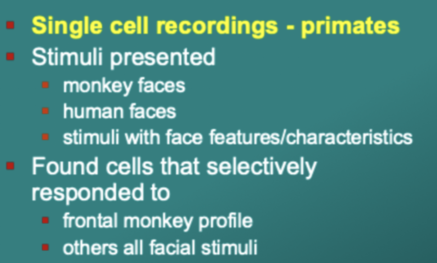 <p>superior temporal sulcus cells in monkeys - sulci and gyri of temporal lobe</p><p>found cells that selectively respond but cannot conclude it is purely for face processing</p>