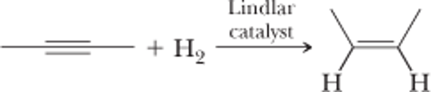 <p>Forms cis alkene with Lindlar catalyst</p><p>Forms alkane with other transition metal catalyst</p>