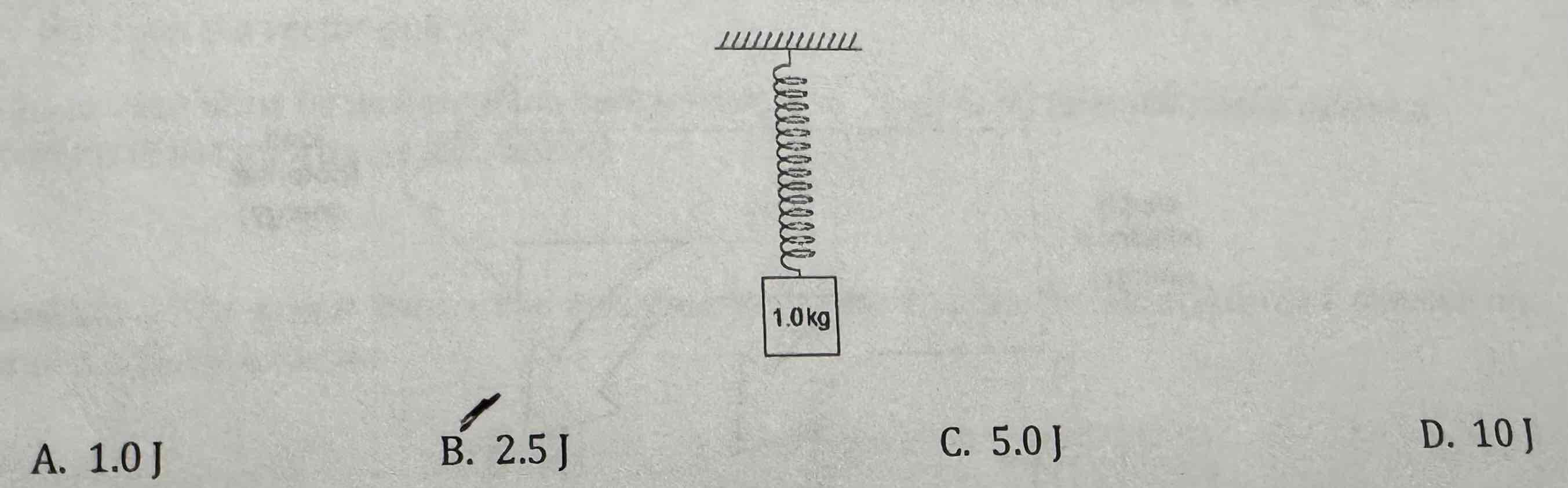 <p>[one mark] An object of mass 1.0 kg hangs at rest from the spring. The spring has a negligible mass and the spring constant K is 20 N m ^-1. What is the elastic potential energy stored in the spring?</p>