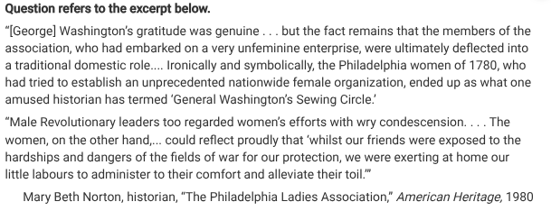 <p>The women described in the excerpt would have most typically engaged in which of the following activities during the Revolutionary era?</p>