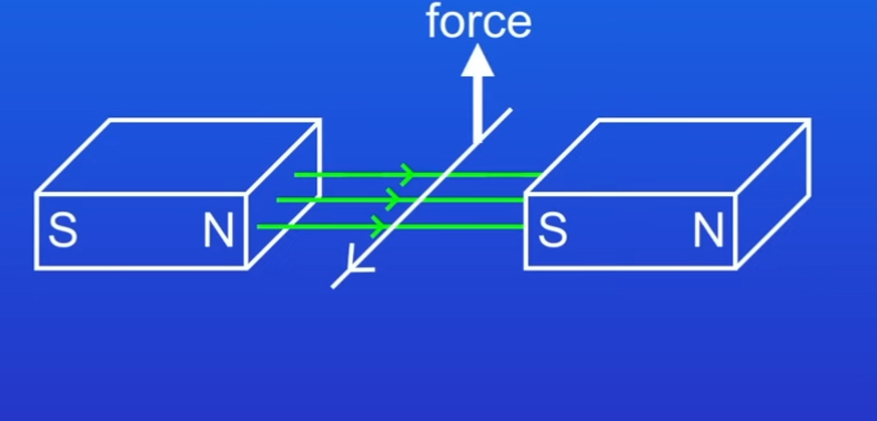 <p>The magnetic field now interacts with the magnetic field between the two magnets. This caused the magnet and the wire to exert a force on each other. This causes wire to move</p><p>-This is called the motor effect</p>