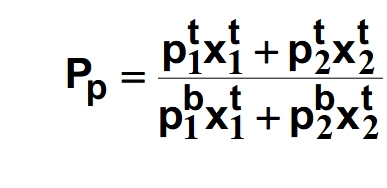 <p>Current price of commodity 1 x current quantity of commodity 1 + current price of commodity 2 x current quantity of commodity 2</p><p>over</p><p><span>Base price of commodity 1 x current quantity of commodity 1</span>+<span>Base price of commodity 2 x current quantity of commodity 2)</span></p>