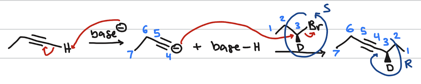 <p>occurs when: alkyne w/ terminal H; strong base; LG on hydrocarbon</p><p>stereochemistry: inversion</p>