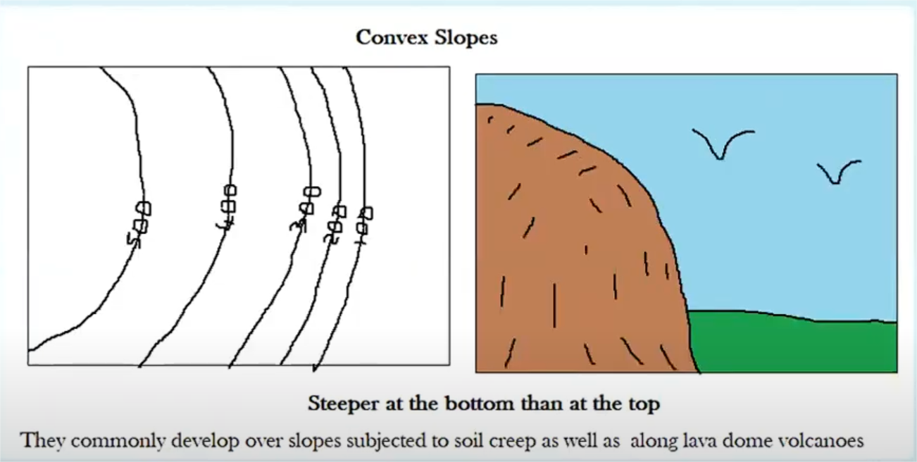 <p>steeper at the bottom and gentle at the top</p>