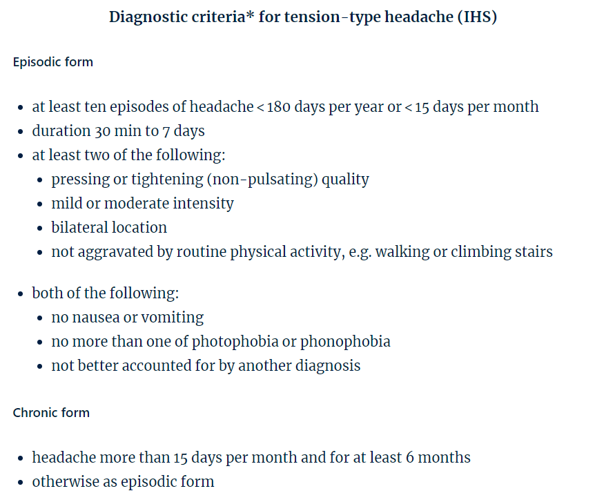 <ul><li><p>named despite there hardly ever being a connection w/ muscular or mental tension (but they also references to MUSCULE tension headache???)</p></li><li><p>diagnosis when there is no other likely cause (??? not sure)</p></li><li><p>its chronic and intermittent often exacerbations but there can be spontaneous remissions sometimes lasting for years</p></li><li><p>types</p><ol><li><p>episodic → pain comes in fits and starts or attacks</p><p>→ <em>the most recent diagnostic criteria (IHS, 2018) further divide the episodic form into a non-frequent and a frequent form and a form with and without sensitivity around the head</em></p></li><li><p>chronic → virtually continuous</p></li></ol></li><li><p><strong><span style="font-family: Merriweather, Helvetica, serif">The treatment consists first and foremost in explaining the mechanism responsible (which is not a brain abnormality). Analgesics are indispensable during exacerbations, but continuous treatment with painkillers or tranquillizers (benzodiazepines) is undesirable. A temporary course of amitriptyline (10–75&nbsp;mg ante noctem) may be worthwhile</span></strong></p></li></ul>