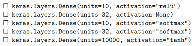 <p>We now want to design an autoencoder neural network, to remove noise from input data. We use the same dataset as in the previous question (10 distinct classes, 10 000 data points, with 32 features). What should the output layer of our network look like?</p>