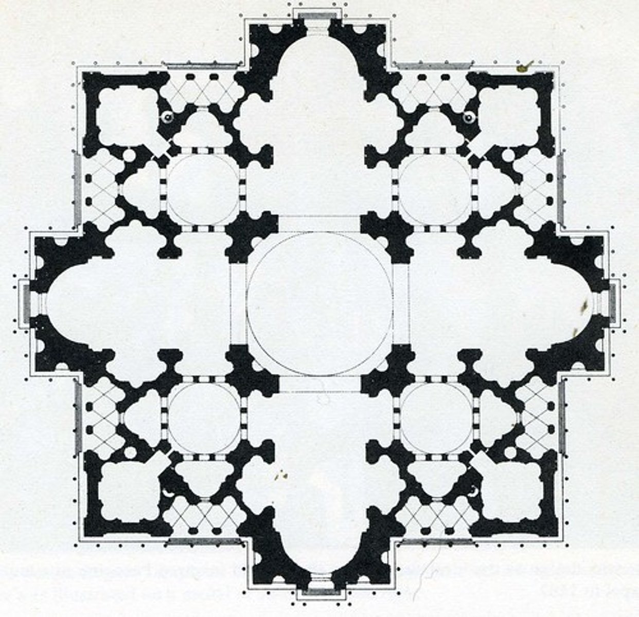 <p>Vatican, High Renaissance, 1506</p><p>Commissioned by Pope Julius II. First major reconstruction of St. Peter's Basilica. He won the design and created a centralized plan of spheres and cubes more akin to Byzantine than anything Latin. A simple square cross.</p>