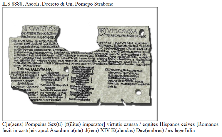 <p>ILS 8888, Ascoli, Decreto di Gn. Pompeo Strabone </p>