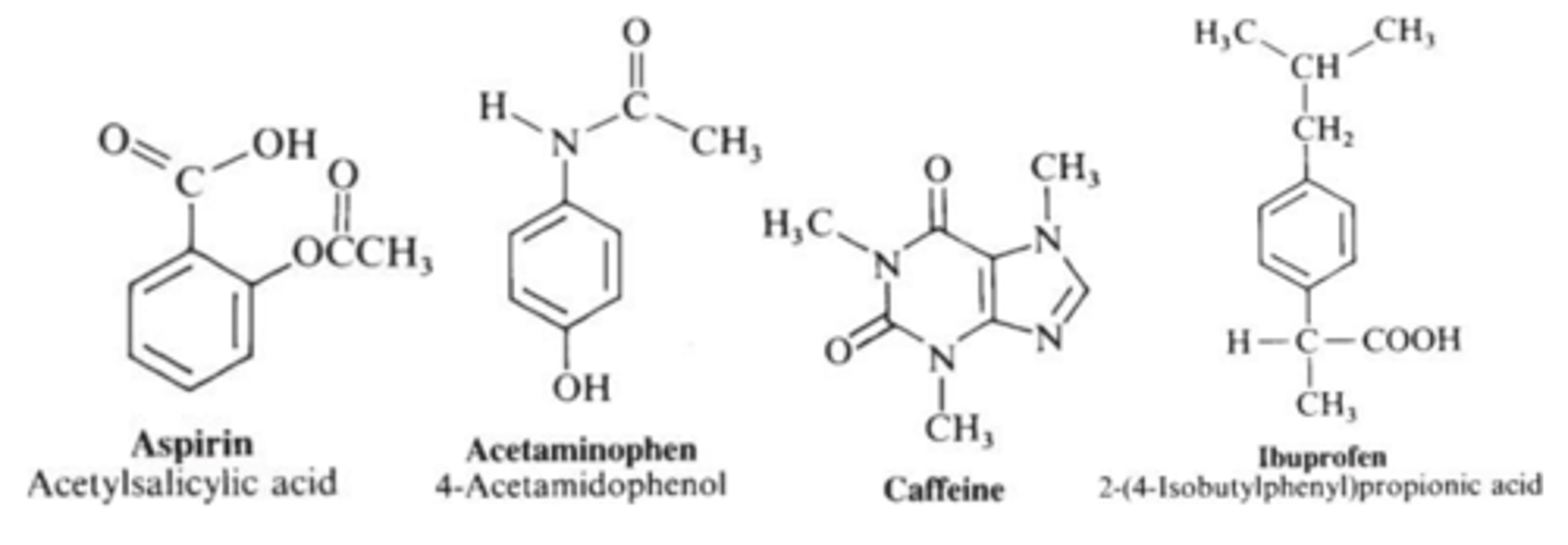 <p>- acetylsalicylic acid (aspirin)</p><p>- acetaminophen</p><p>- caffeine</p><p>- ibuprofen</p>