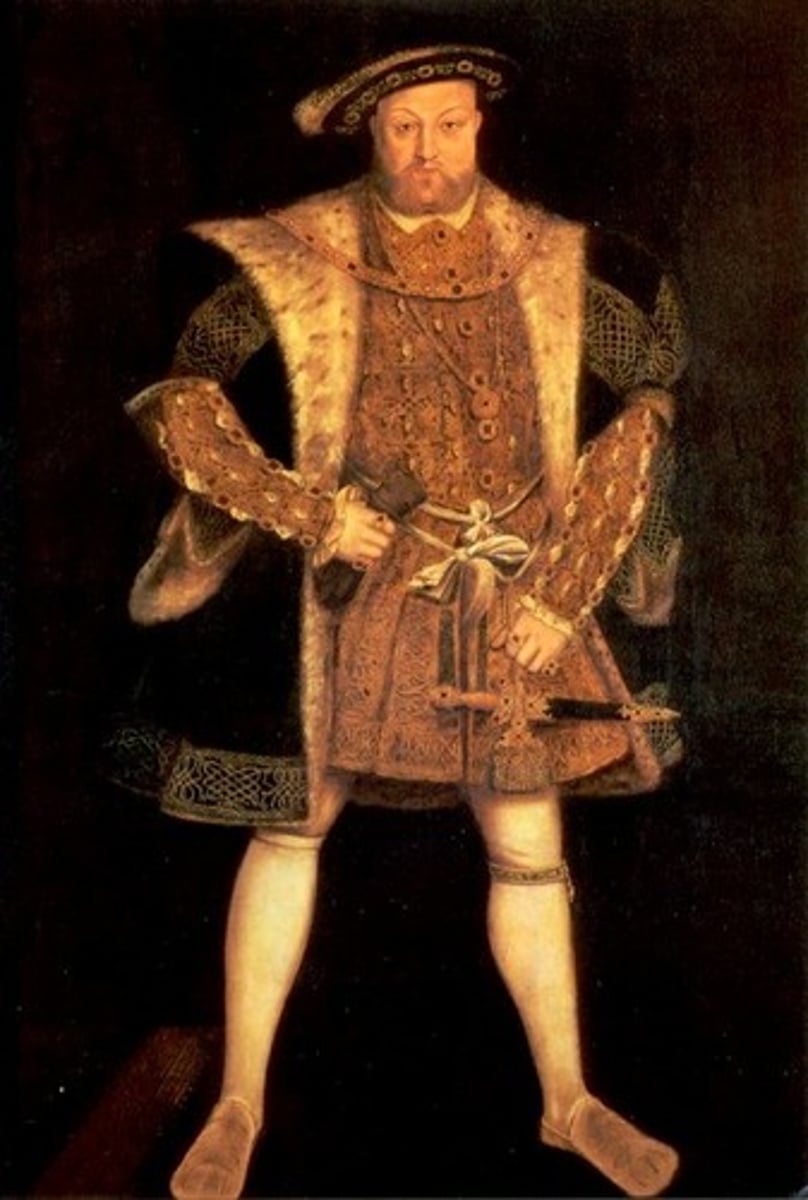 <p>(1491-1547) King of England from 1509 to 1547; his desire to annul his marriage led to a conflict with the pope, England's break with the Roman Catholic Church, and its embrace of Protestantism. Henry established the Church of England in 1532.</p>